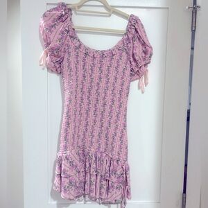 LoveShackFancy Pink Floral Puff Sleeve Mini Dress